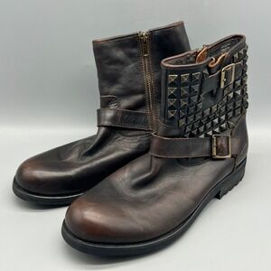 Aldo Mens Brown Leather Studded Moto Ankle Boots Square Studs Buckle Size 9